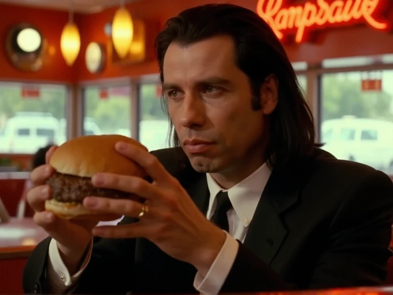 <lora:Vincent Vega:0.9> Vincent Vega, man with black hair and black suit, he holds a burger in a vintage diner