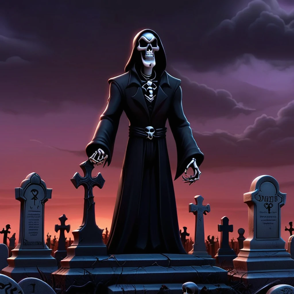 grave yard, dusk, evening, standing, Grim Reaper, lightening in the sky,