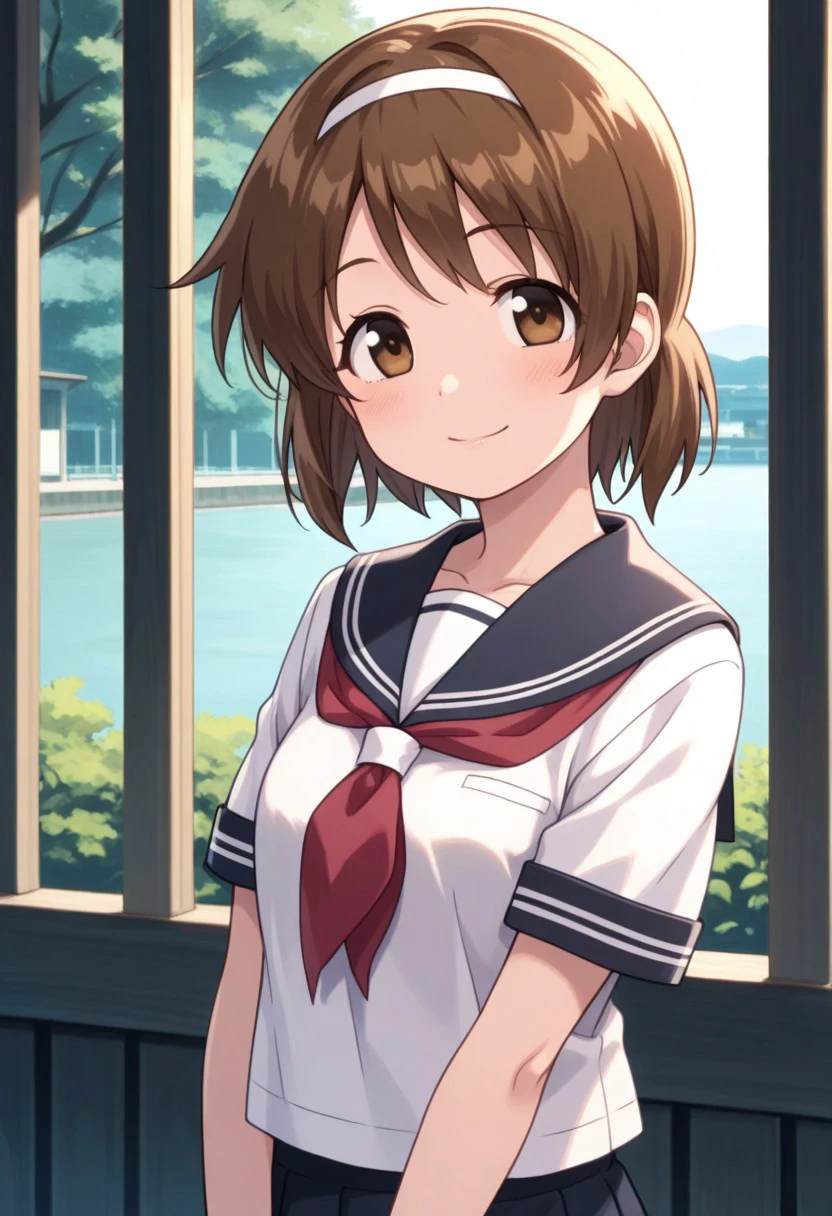 masterpiece, best quality, 
sanae, 1girl, solo, brown eyes, brown hair, hairband, short hair, school uniform, serafuku, shirt, white shirt, sailor collar, smile,
outdoor,