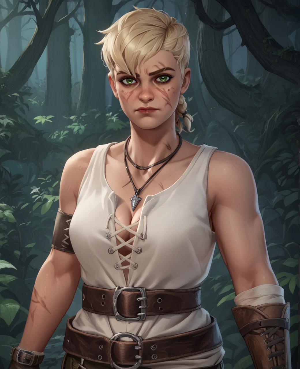 score_9,score_8_up,score_7_up,score_6_up,score_5_up,score_4_up,
rngrxl,blonde hair,green eyes,scar,low ponytail,necklace,scar on face,
white shirt,brown belt,single shoulder band,looking at viewer,brown pants,cleavage,fingerless gloves, 
standing,
forest,night,<lora:rangerxl:0.9>,