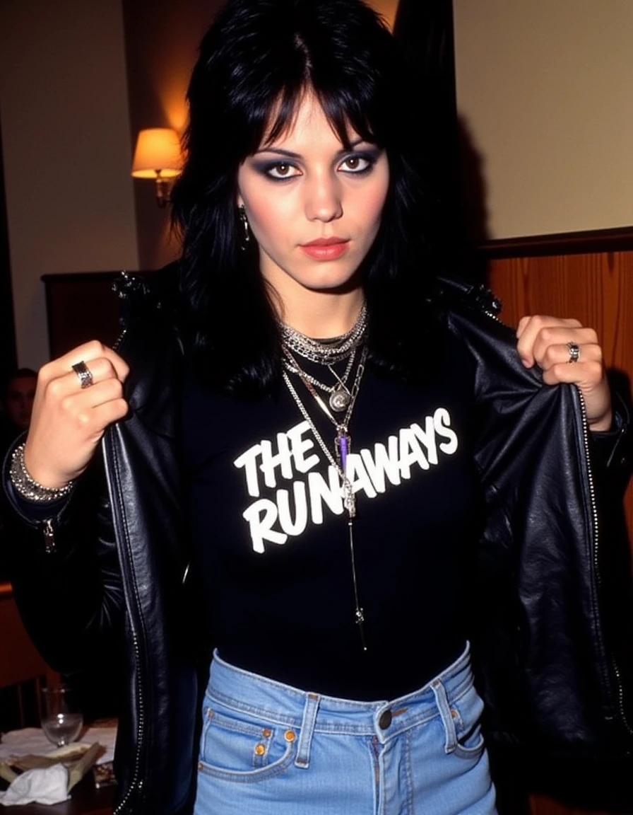 <lora:Joan_Jett_1980s_Flux:1> This is a photograph featuring a young woman with a striking, edgy look. She has long, black, wavy hair that falls loosely around her shoulders. Her makeup is bold, with dark eyeliner and a hint of lipstick that adds a touch of glamour to her otherwise rugged appearance. She is dressed in a black leather jacket that she is holding open with both hands, revealing a black t-shirt underneath that reads "The Runaways" in white, bold letters. The t-shirt is form-fitting, accentuating her slender physique. She is also wearing high-waisted, light blue jeans that are slightly faded and appear to be of a medium to light denim texture. Around her neck, she has multiple layered necklaces, some with silver chains and others with pendants, adding to her eclectic style. She is standing in a cafe. The image captures a rebellious, punk rock aesthetic, typical of the 1970s or early 1980s, with a focus on bold fashion and a defiant attitude.