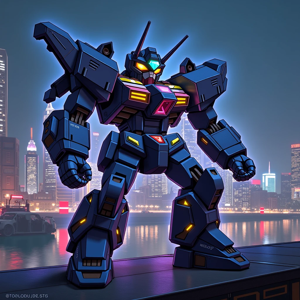 An urban response mech scaling ICC Tower: neon-lit harbor stretching below its agile frame. Dense urban architecture provides its playground, while the iconic skyline silhouettes its dynamic pose against the night sky