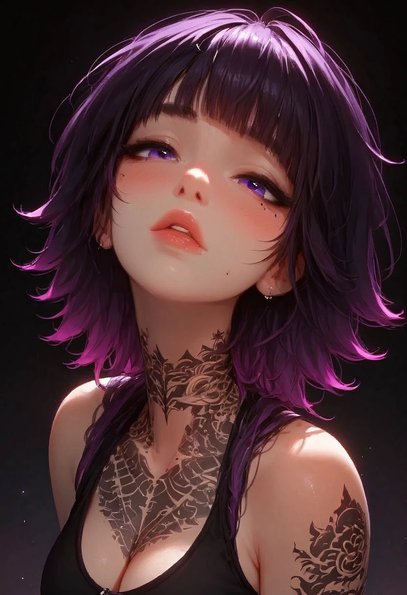 (score_9, score_8_up, score_7_up), <lora:wolf_cut:1.5>, a close-up shot focusing on a girl collarbone and up, (((portrait shot, face focus))), solo, 1girl, wolfCut, (bangs), (two-toned hair), black and purple hair,  small perky breasts, cleavage, pretty face, blush, purple eyes, ((mole under left eye)), (modern tattoos),((tattoo on chest)),pale skin, makeup, sports bra, vivid colours, Expressiveh, (white background)