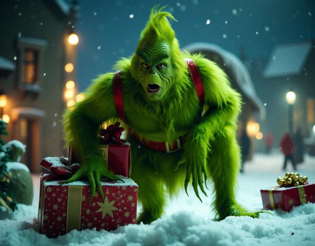 <lora:Grinch:0.9> grinch, full body ,green furry man wears . He chase kids away from the chrismas gifts