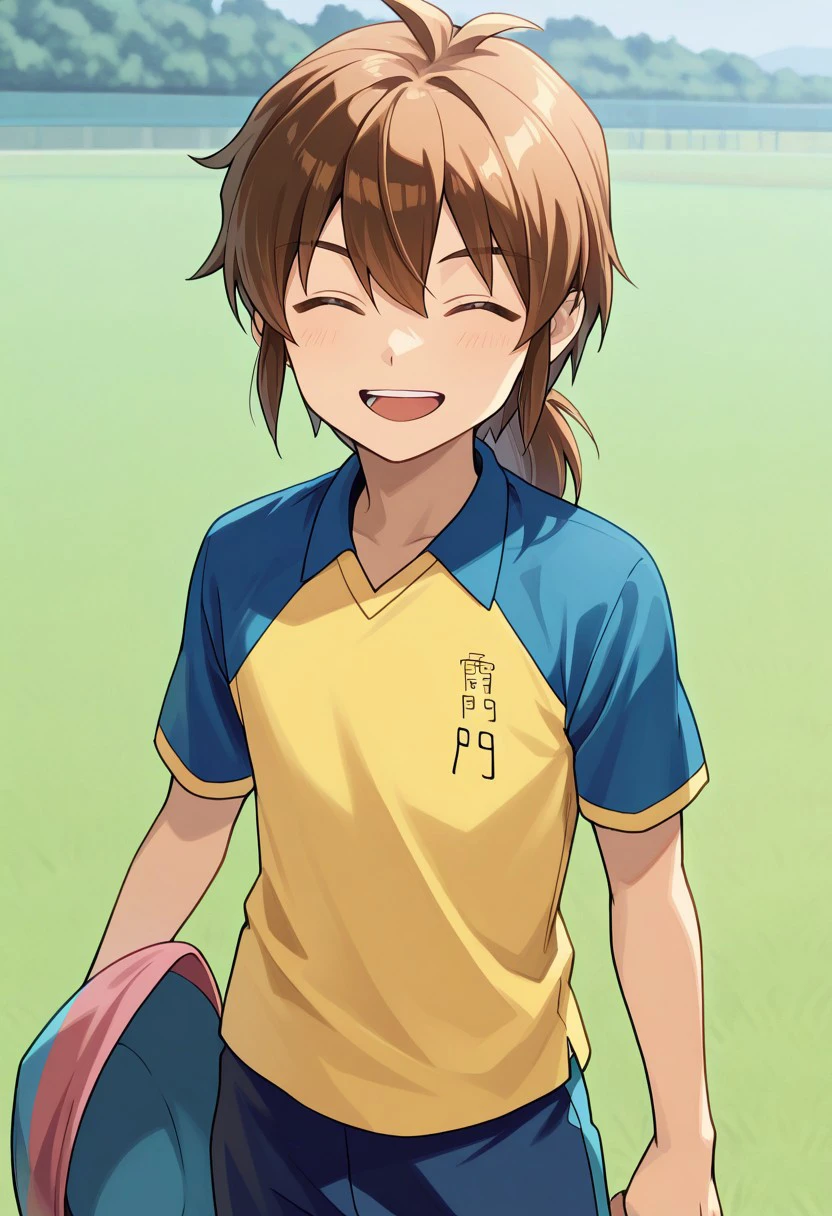 masterpiece, best quality, 
matsuno, 1boy, male focus, solo, brown hair, ponytail, closed eyes, sportwear, raimon, soccer uniform, raimon soccer uniform, shirt, raglan sleeves, multicolored shirt, blue shirt, yellow shirt, short sleeves, smile, open mouth. hat removed, holding hat,
outdoor,