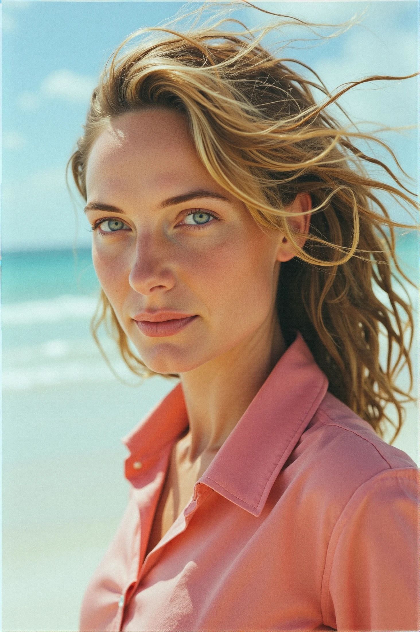 (photo of rebflx, a pretty woman), editorial photoshoot, vibrant linen shirt, close up, on a beach, shot on film camera, kodak colors, close up, elegant pose, perfect lighting, beautiful sky behind, beautiful smile, 90mm lens, extremely detailed, in an exotic location like maldives