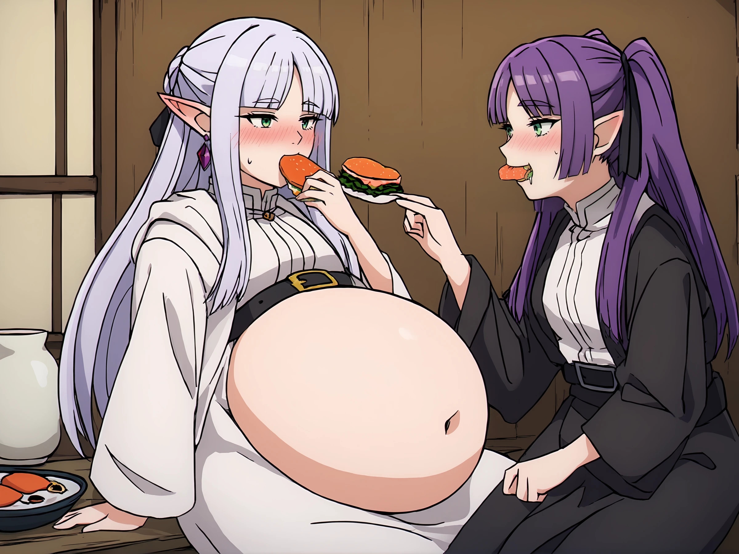 score_9, score_8_up, score_7_up, 1girl, 2girl, (two distinct characters:1.1), pretty girls, (force feeding:1.3), belly, food feed, sushi, feeding, food, eating, sushi, masterpiece, best quality, highly detailed, two girls, duo, sitting side by side,  detailed,  saturated, vibrant colors, prefect hands, accurate fingers, <lora:Force_Feeding_Belly_PONY:0.8>,   <lora:add-detail-xl:0.8>, misc, all,  <lora:Expressive_H:0.8>, expressiveh, <lora:Pony_DetailV2.0:0.8>
BREAK
1girl, fern, long hair, purple hair, bright saturated prple hair color, blunt bangs, feed food, half updo, purple eyes, black mage robe,  human ears, round ear, facing right, <lora:brj-fern-pony-v0.5:0.8>, 
BREAK
1girl, eat food, (round belly:1.4), frieren, elf, pointy ears, silver hair, white long hair, twintails , parted bangs, white robe, belt,  white robe with gold accents, magic robe top,  green eyes, facing left, blush, drunk, <lora:sfrieren_ponyxl_1:0.8> ,