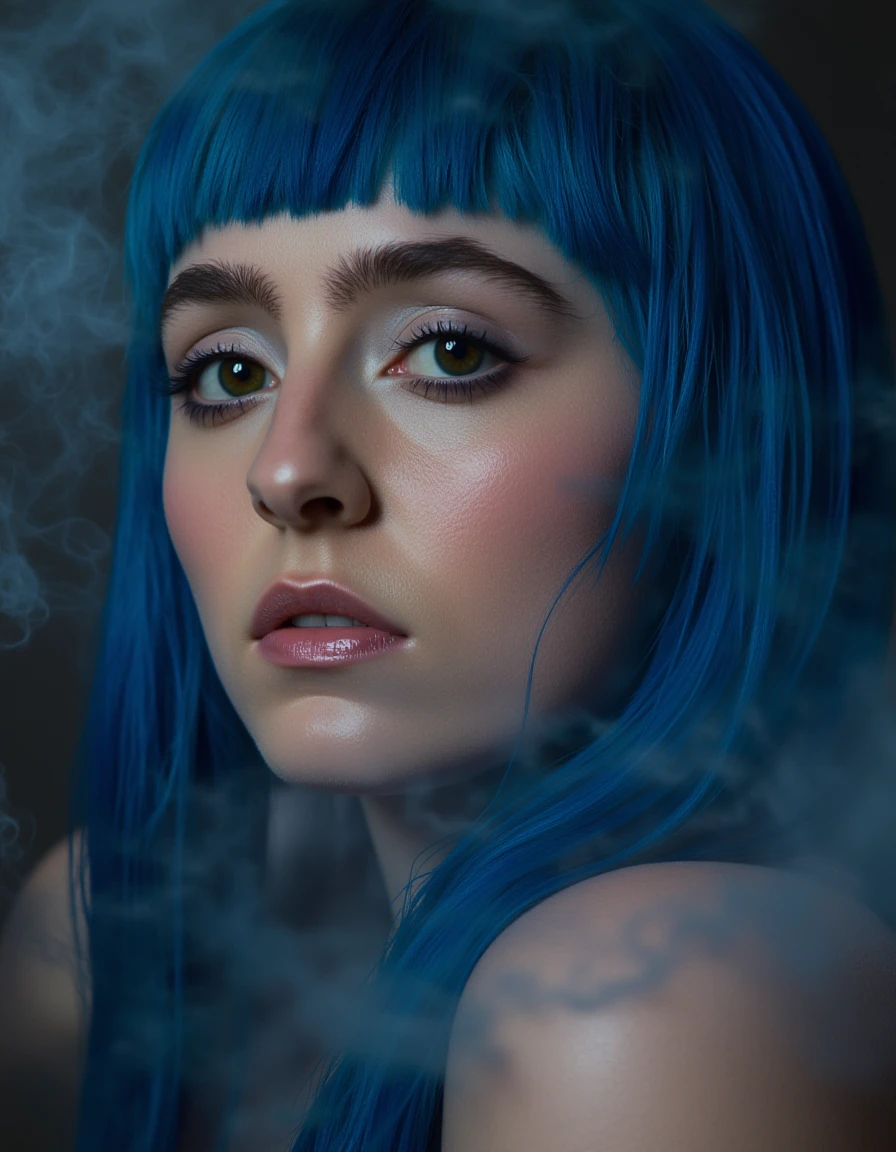 <lora:ashnikko-flux-000015:1> her, the, woman, and, has, blue, hair, ashnikko1 simple portrait with awful lighting and lots of smoke