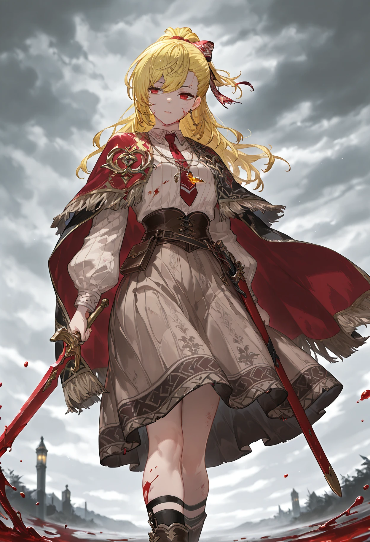 masterpiece, best quality, amazing quality,
<lora:kaelaIL:1>, kaelaIL, kaela3rd, collared shirt, long sleeves, red necktie, hair ribbon, necklace, cape,
1girl, blood, blood splatter, dress, holding sword, long hair, long sleeves, outdoors, overcast, sky, socks, solo, white shirt, red sword, high ponytail, sheath, brown skirt, 
 <lora:GBF_Illustrious:1>, gbf_style