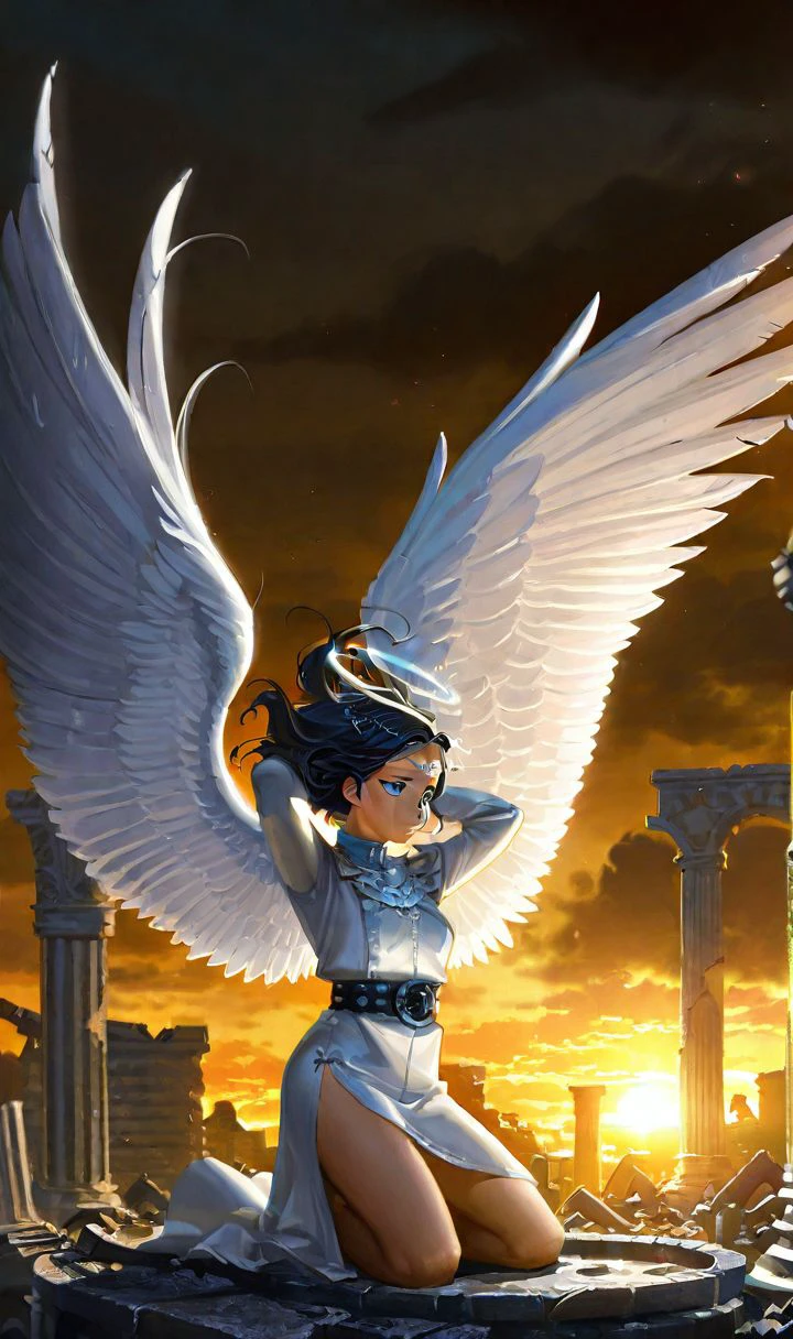 d1style, close-up, silver circlet, black hair, blue eyes, looking away, angel wings, kneeling, arms behind head, floating hair, belt, buckle, peplos, side-slit, feather, dramatic lighting, scenery, columns, ruins, sunset, dark clouds, 1girl, solo  <lora:diablo_style:0.8>