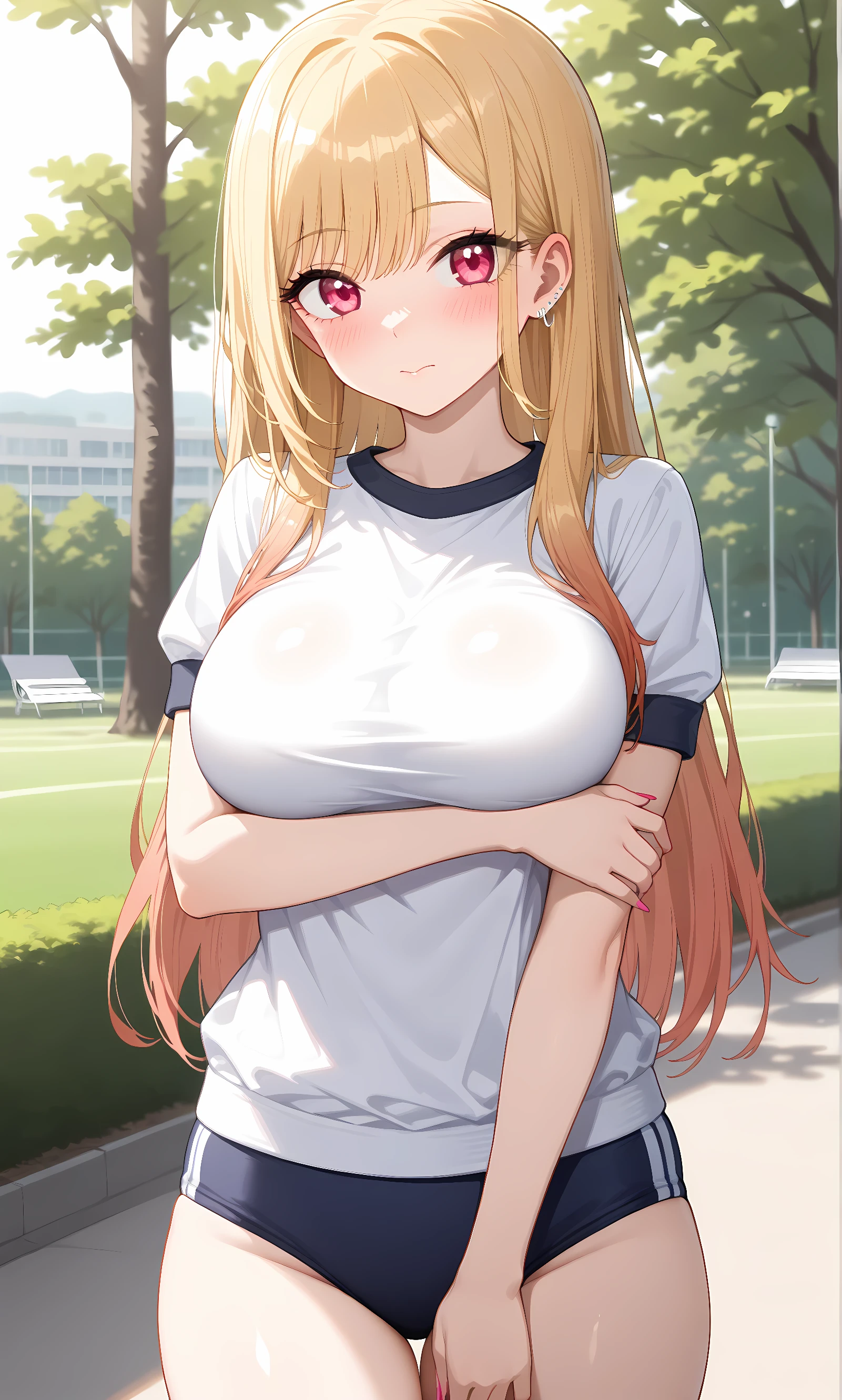 score_9, score_8_up, score_7_up, source_anime, 1girl, solo, outdoors, park, cowboy shot, looking at viewer, shiny skin,  white shirt, short sleeves, gym uniform, buruma, kitagawa_marin, pink eyes, blonde hair, long hair, gradient hair, arm under breast