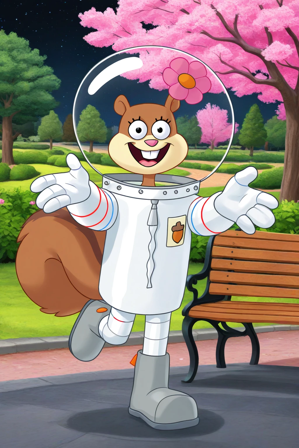 masterpiece, best quality, amazing quality, absurdres, sandycheeks, 1girl, furry female, brown fur, squirrel girl, squirrel tail, solo, smile, looking at viewer, open mouth, wave, space helmet, pink flower, white spacesuit, grey boots, outdoors, park, bench, trees