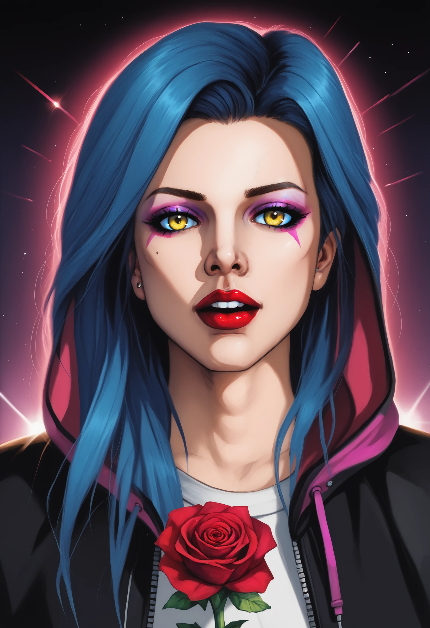 DskfllArtPosXLPNY_ Aesthetic_PDXL synthwave, vaporwave, synthwave punk, nvinkpunk, (masterpiece, best_quality, ultra-detailed), epic, illustration, render, volumetric lighting, LoFi Aesthetic, (masterpiece, best quality, ultra-detailed, highres), 1girl, blue hair, eyelashes, eyeshadow, fingernails, flower, glowing, heart, hood, hood up, lips, lipstick, long hair, looking at viewer, makeup, red flower, red rose, rose, solo, teeth, open mouth, yellow eyes, (fantasy), (lens flare, light leak, prismastic), Unreal Engine 5, (side-lighting), rule of thirds, 4 point perspective, vantage point, realistic illustrated