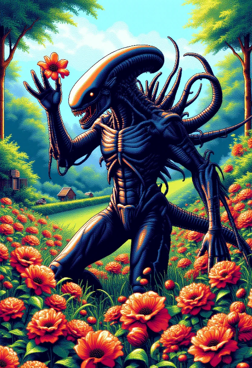 <lora:PC-98_Style_FLUXCaption:0.9>
The image is a vibrant, pc98style pixelated digital artwork of  black Xenomorph picking flowers in a garden