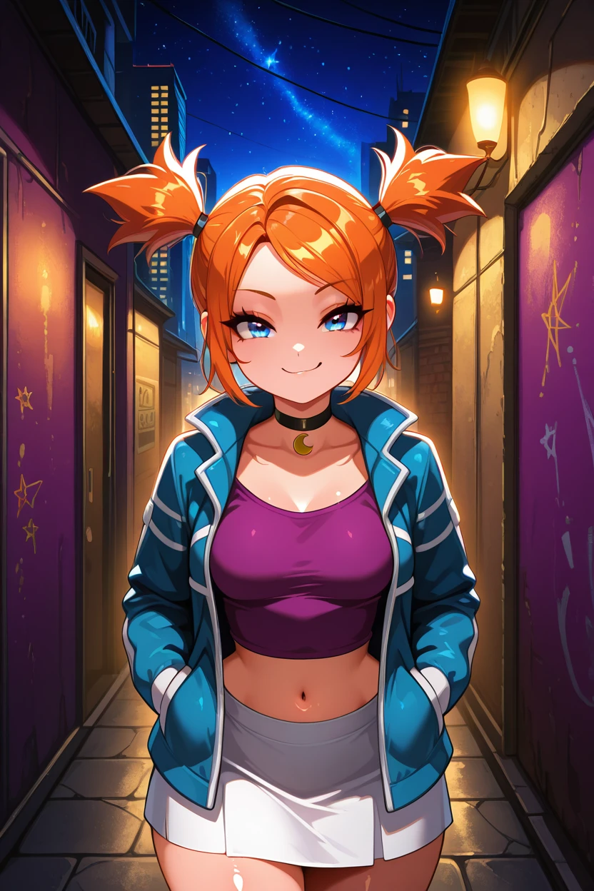 masterpiece, best quality, 1girl, solo, smile, looking at viewer, medium breasts, (curvy), cute, eyelashes, zzRui, blue eyes, orange hair, short hair, twintails,  choker, purple shirt, navel, midriff, long sleeves, blue jacket, open jacket, white skirt,  <lora:RuiPokemonIXL_v4:1.0>, ,,, stars, night, luminescent background, city, back alley, smug, hands in pockets, smile, looking at viewer, shiny skin, <lora:princess_xl_v2:0.3>,