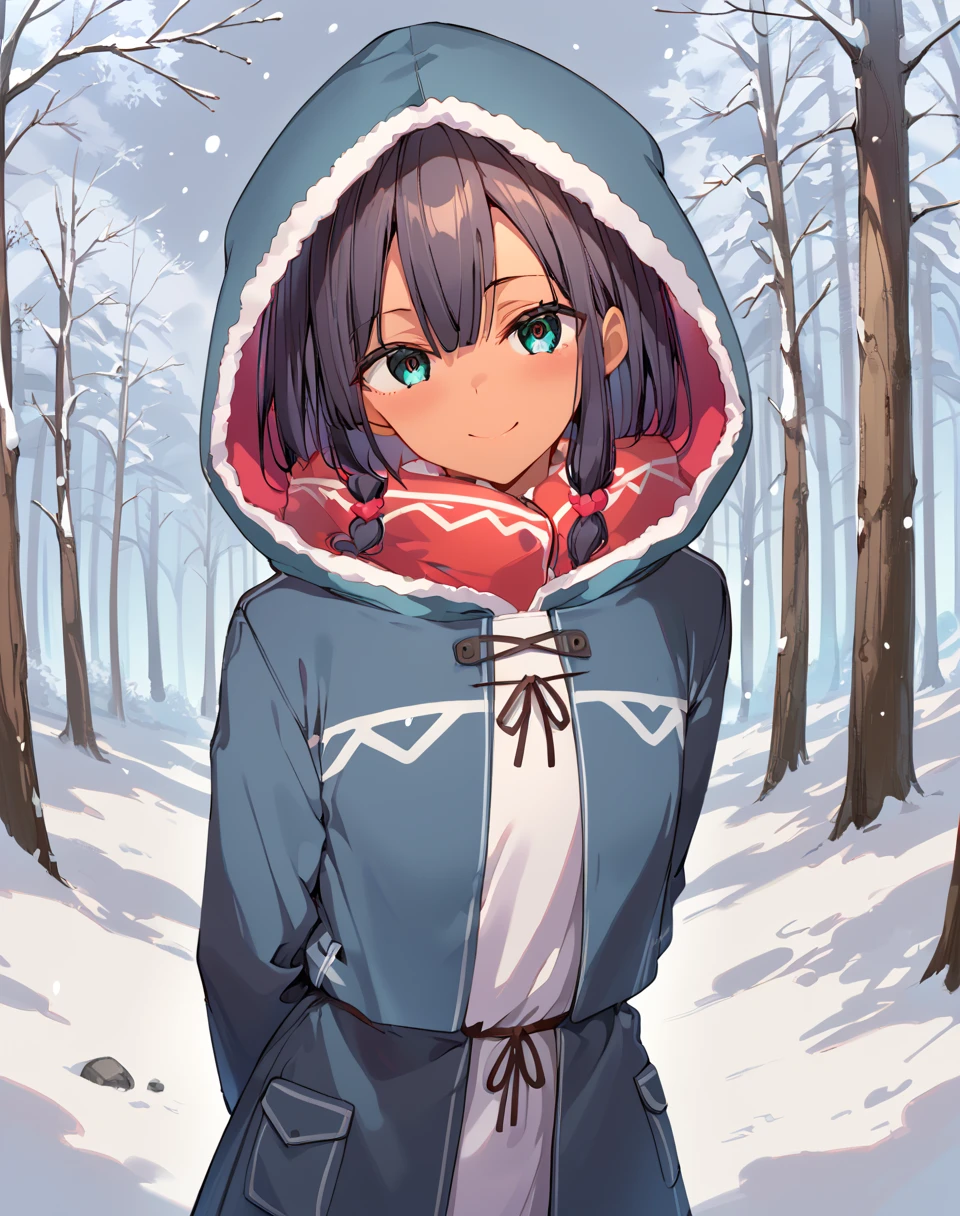 yuui_laika, black hair, medium hair, sidelocks, tied sidelocks, aqua eyes, dark-skinned female, dark skin, long sleeves,hood,  winter clothes,  grey coat,  BREAK outdoors, forest, snowing, snow, winter BREAK arms behind back, smile, blush, looking at viewer BREAK score_9, score_8_up, score_7_up, source_anime ,zPDXL,  <lora:Yuui_Laika-000023:0.8>