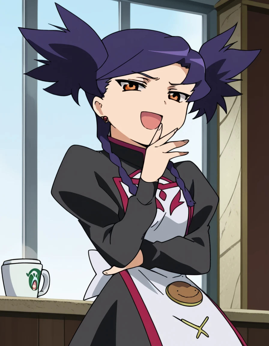 girl in a panty, wearing oven mittens tucked in pockets, blindfold
