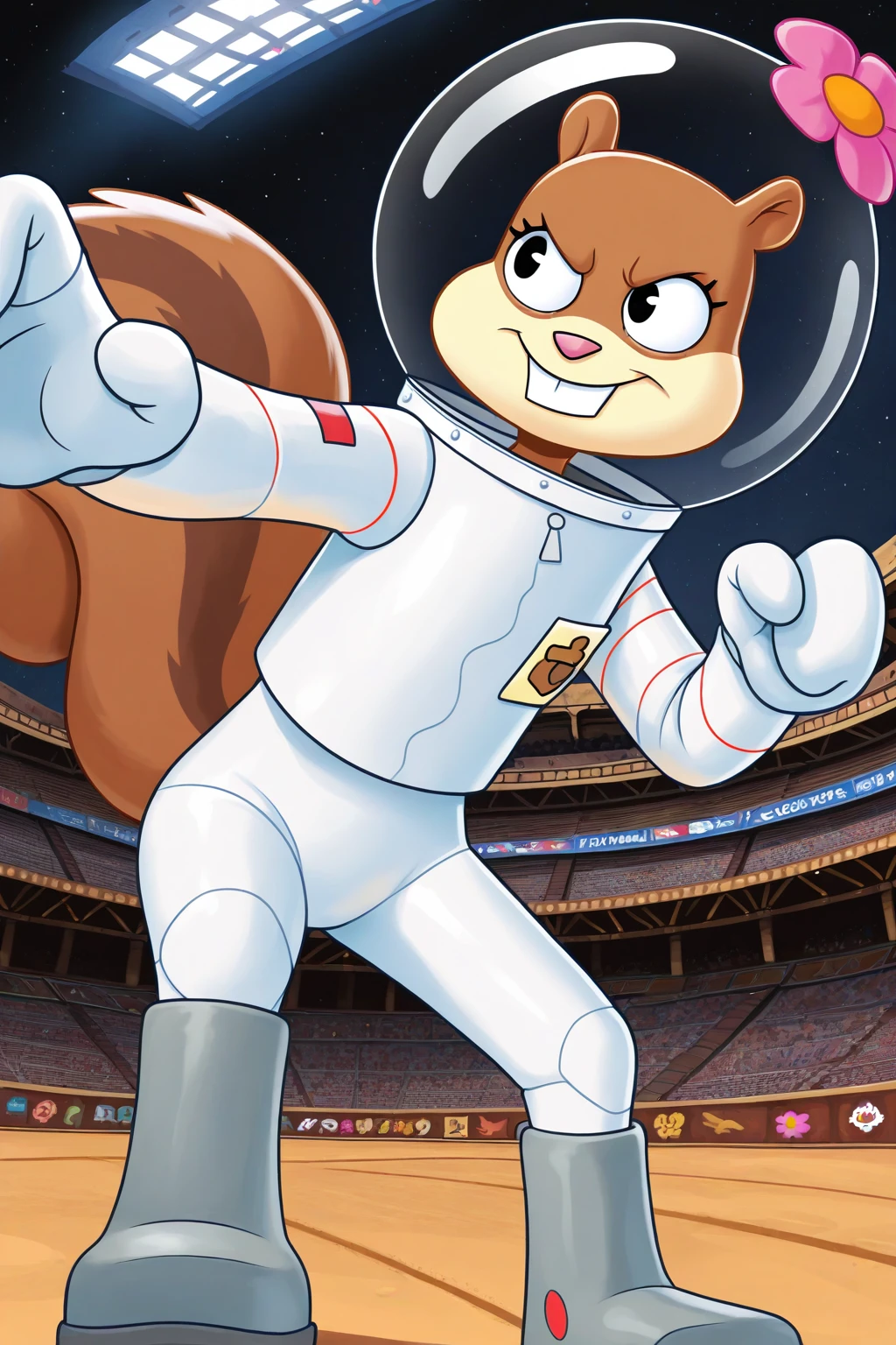 masterpiece, best quality, amazing quality, absurdres, sandycheeks, 1girl, furry female, brown fur, squirrel girl, squirrel tail, solo, smile, serious, confident, fighting stance, pink flower, space helmet, white spacesuit, grey boots, outdoors, stadium, arena, colosseum