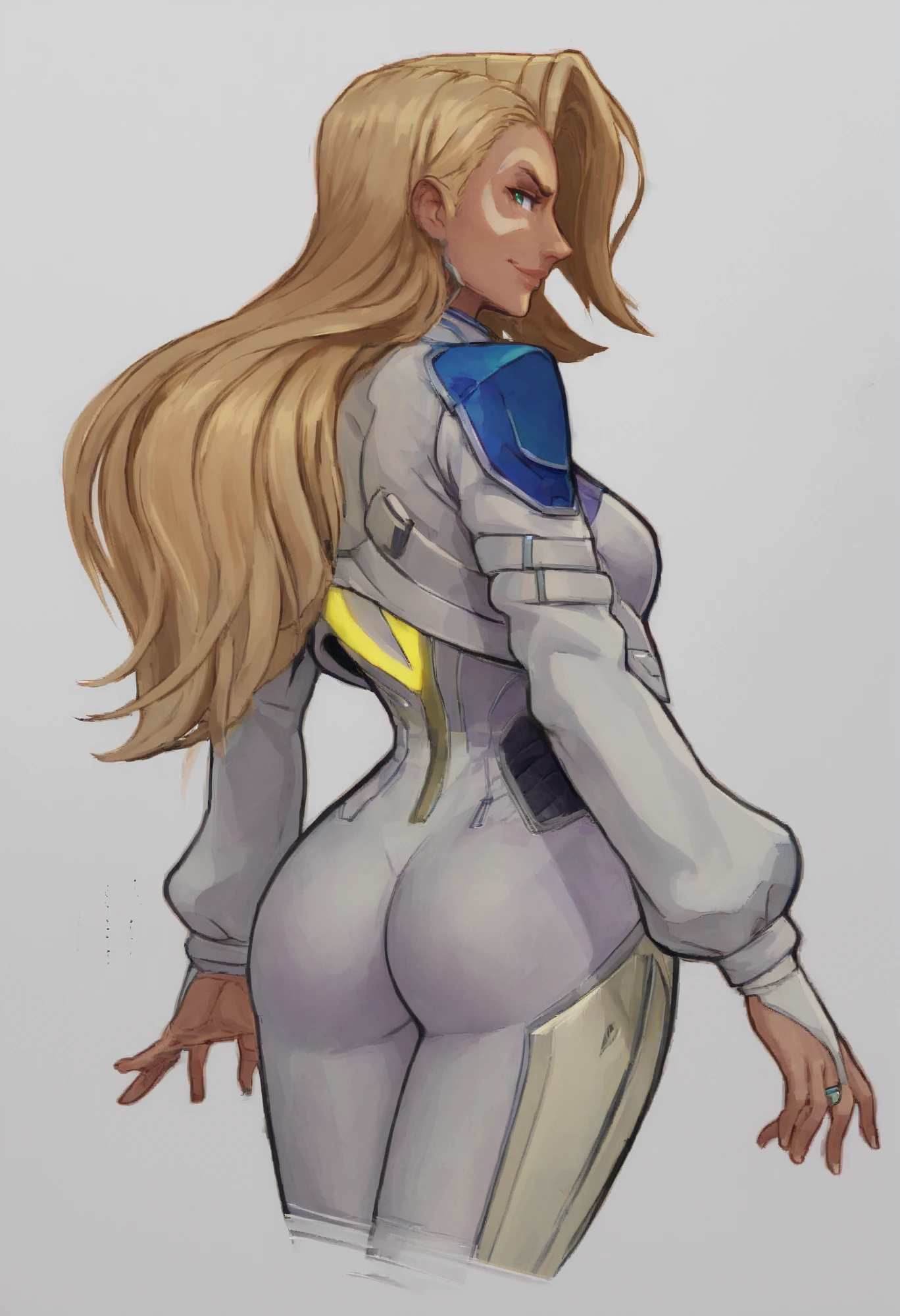 score_9, score_8,score_7, score_6,perfect quality, best quality, skin texture, 1girl, indoors, cowboy shot,,seductive,dynamic pose, <lora:gotonai_dagger:0.85>,gotonai_dagger,blonde,jacket, bodysuit, face tattoo,smile,looking at viewer, smirk,<lora:incase-ilff-v3-4:0.5>,dynamic pose:1.2, <lora:AsuraLycoXL:0.4> <lora:PhilBourrassaXLLocon:0.5>,(white background, simple background:1.3), from behind, round ass, big ass, ass support, grabbing owh ass, looking back, long hair