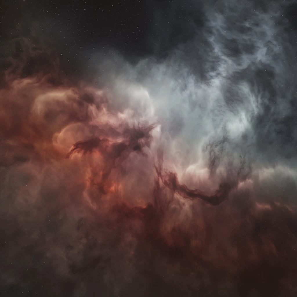 The photograph captures a stunning vista of an expansive nebula, featuring captivating hues of red, blue, and gray that blend together seamlessly. A delicate, natural glow illuminates the entire scene, enhancing its ethereal beauty. The nebula's structure resembles fluffy clouds, punctuated by radiant pockets of brightness that draw your eye. Its intricate tendrils appear to dance and swirl in a mesmerizing ballet, adding an element of dynamism to the composition. Against this backdrop of darkness, only a handful of distant stars twinkle faintly, deepening the celestial ambiance.