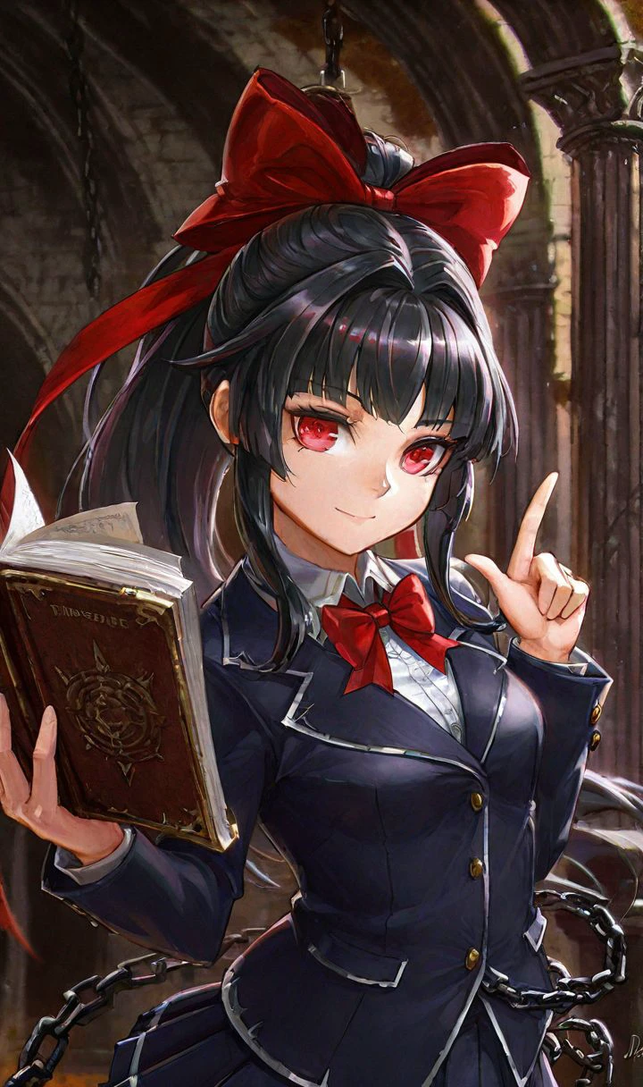 d1style, close-up, upper body, large hairbow, smile, hair intakes, sidelocks, ponytail, red bow, blazer, bowtie, jacket, short skirt, pleated skirt, red eyes, black hair, index finger raised, holding book, at dungeon, dark fantasy, arch, column, chain, signature  <lora:diablo_style:0.8>