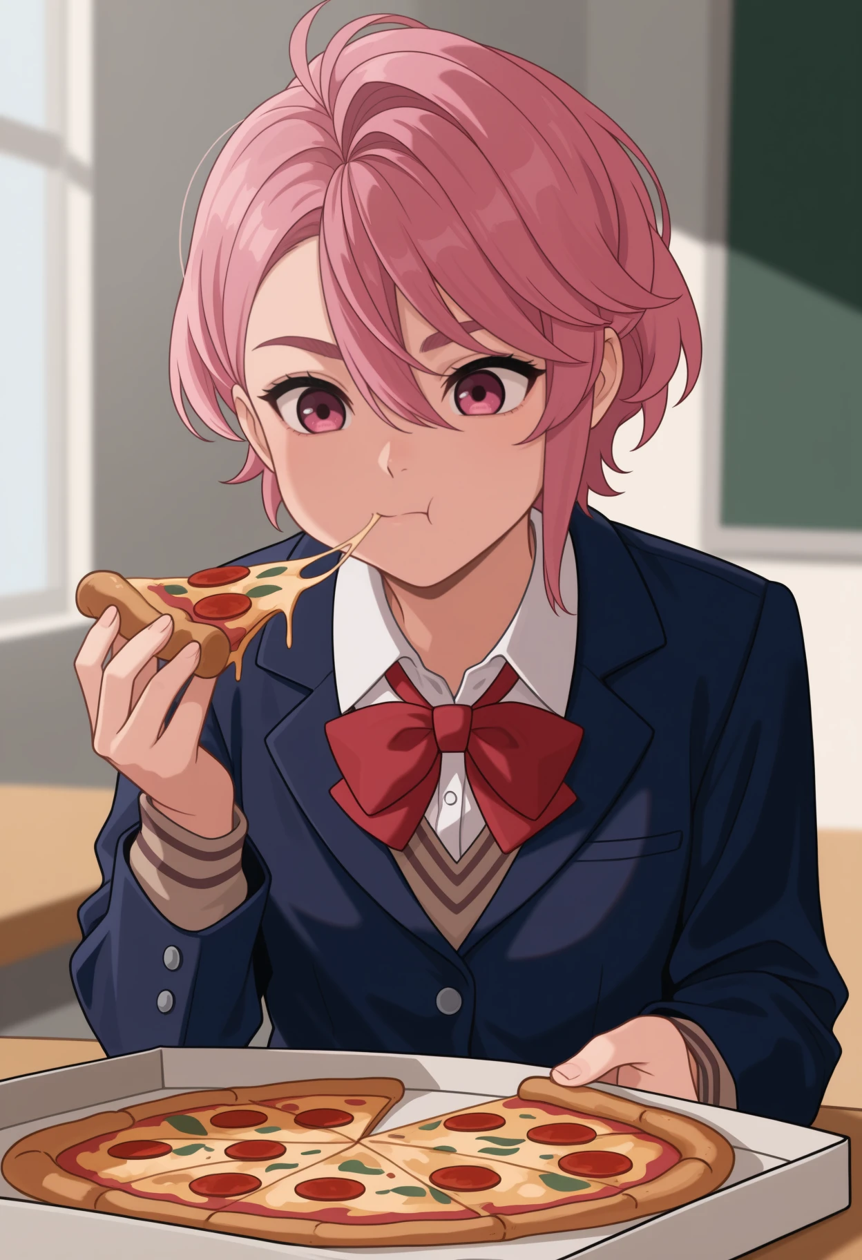 masterpiece, best quality, <break> upper body, solo, 1girl, shirat0ri, eating, :t, holding food, pizza, short hair, pink hair, hair between eyes, pink eyes, school uniform, blue jacket, blazer, long sleeves, brown sweater, white shirt, collared shirt, red bowtie, indoors, table, pizza box
<segment:yolo-Anzhc Face seg 640 v2 y8n.pt,0.4,0.5//cid=1>