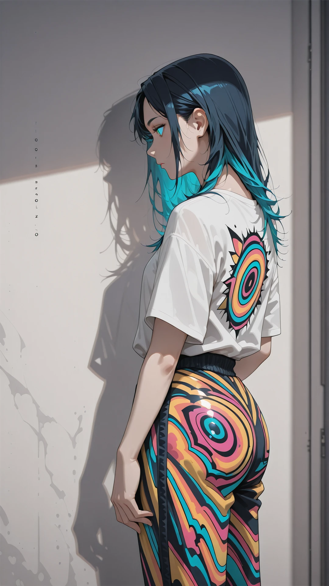 jedsplu,jedsplu style,psychedelic colors, <lora:Psylustrious-000002:1>, (((masterpiece))) , (((best quality))) , anime style, 2d, side view shot of a wearing a very Multi-tiered Bohemian Pajama pants and oversized t-shirt, Hard Stunning stocky (pleasant 1girl, solo:1.2) , Bathed in shadows, Movie still, Bloomcore, Moonlit, F/5, 64K, UHD, woman, manga, radiant, glossy, highly contrasted, romantic, contemporary fine detail