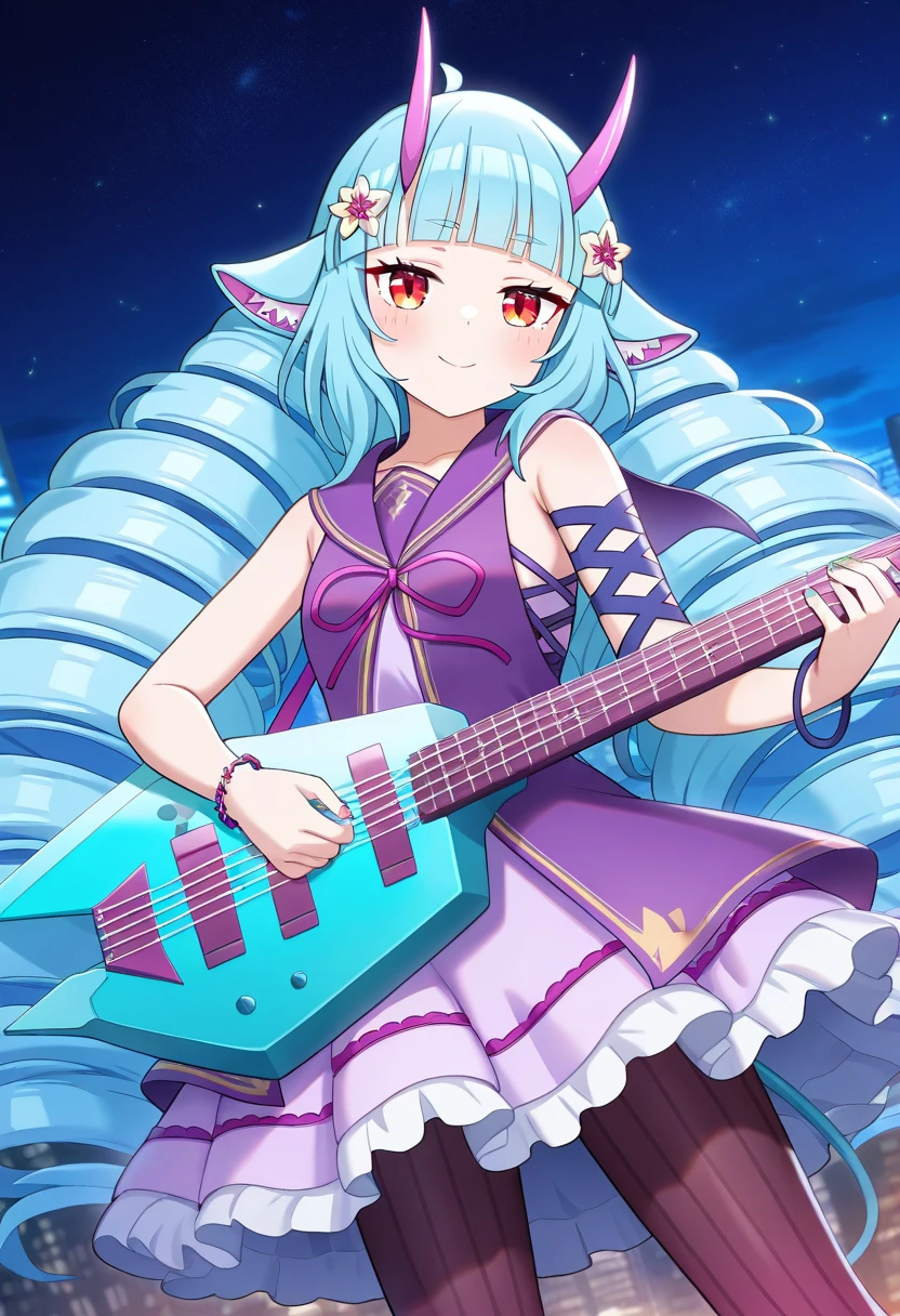 masterpiece,best quality,1girl,solo,delmin_(show_by_rock!!),very long hair,drill hair,blue hair,twin drills,blunt bangs,red eyes,horns,animal ears,hair ornament,tail,purple dress,sailor collar,sleeveless,pantyhose,<lora:derminil:0.9>,cowboy_shot,dynamic_angle,looking_at_viewer,standing,delmin_gui,guitar,(two-tone_guitar:1.1),holding guitar,playing instrument,night,city,smile,starry_sky,night_sky,