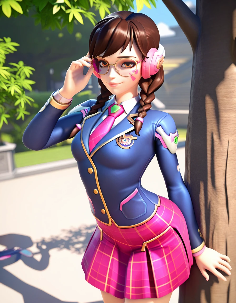 Masterpiece, high-res, 2k, best quality,   1 girl  , 3d,  d.va (overwatch), academy dva  , glasses,  <lora:dva academy illus-000040:1>  Standing with one hand on a tree or pole