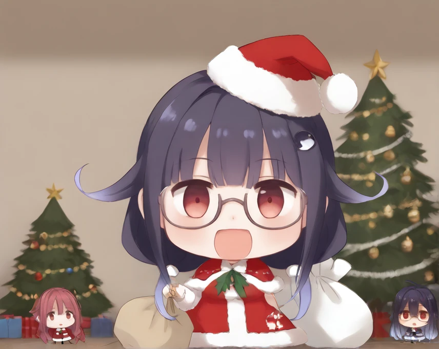 <lora:Padoru:1>,padoru,front, ,chibi,room,gradient hair,,semi-rimless eyewear, Christmas tree,gift bag,bb,open mouth,  <lora:taigei.pony:1>,taigei