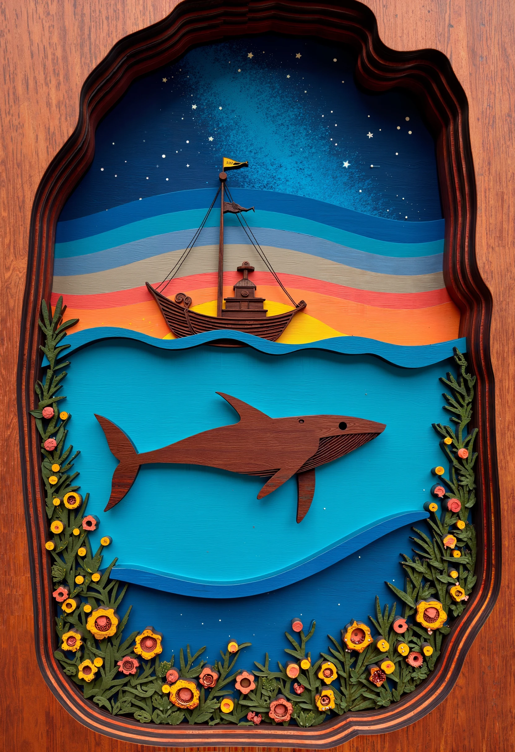 Laser cut, layered wood, a whale swimming beneath a small boat with an ocean surface and a starry sky.
