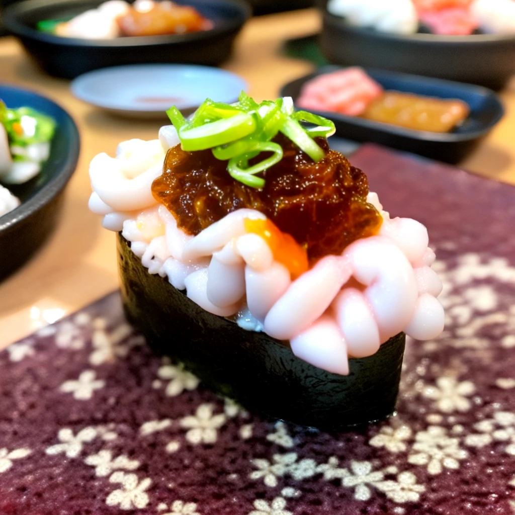 <lora:Cod_milt_IL:0.7>, no_humans, depth_of_field, blurry_background, plate, food_focus, photo_background, Milt, white fish roe, sushi, rice, spring onion