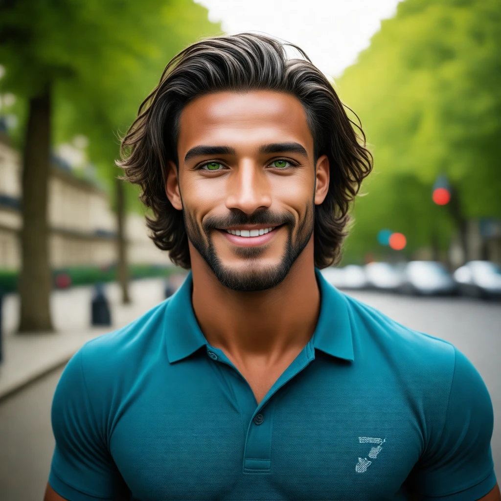 dynamic photo of visible handsome lad man ,  dark skin, dark long hair, muscular, facial hair,jovial, facial hair, in masculine polo shirt on,  green-eyes, looking at the viewer, faded plaze in Paris, bright day, colorful, vibrant, depth of field, decent, highres, high-definition, high octane, smooth clear clean, realistic, joy, happy