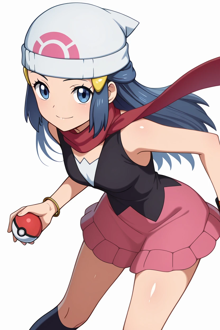 masterpiece, best quality, zzDawn, blue hair, blue eyes, sidelocks, long hair, bare shoulders, beanie, black shirt, black socks, bracelet, hat, jewelry, kneehighs, miniskirt, pink skirt, red scarf, scarf, shirt, skirt, sleeveless, sleeveless shirt, white headwear,  <lora:DawnPokemonIXL_e07:1.0>   <lora:ShoujoRamuneIXL:1.0>,  (holding pokeball), dynamic pose, cowboy shot, leaning forward, smile, looking at viewer, shiny skin,