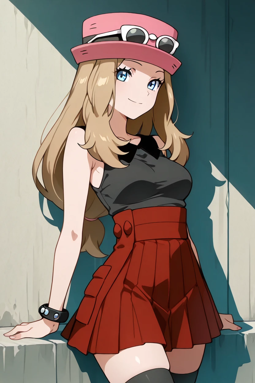 masterpiece, best quality, medium breasts,  BREAK,  zzSerena, solo, long hair, blue eyes, eyewear on headwear, pink headwear, eyelashes, sleeveless shirt, black shirt, bracelet, high-waist skirt, red skirt, black thighhighs,<lora:SerenaPokemonIXL_v2:1.0>, smile, looking at viewer, cowboy shot,   <lora:ShoujoRamuneIXL:1.0>,