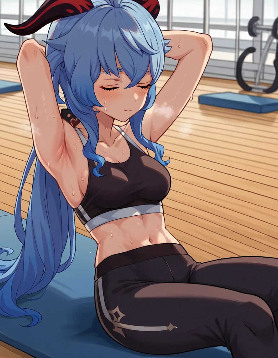 score_9, score_8_up, score_7_up, source_anime, <lora:genshin-ganyu-ingame-ponyxl-lora-nochekaiser:1>, ganyu, blue hair, goat horns, horns, long hair, sidelocks, medium breasts, <lora:sit-up-ponyxl-lora-nochekaiser:1>, sit-up, exercising, arms behind head, armpits, arched back, struggling, lying, on back,, yoga pants, sports bra, steam, sweat, blush, gym, closed eyes, solo, cowboy shot,