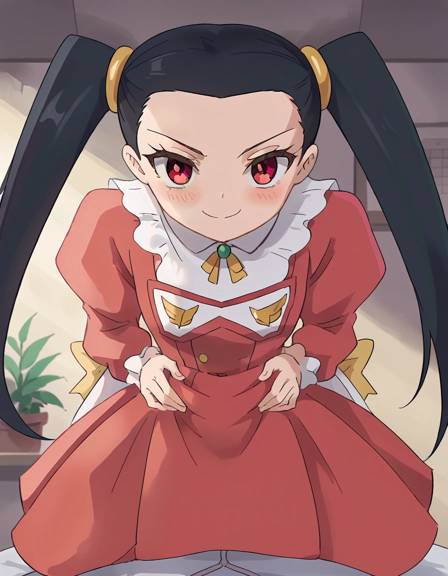 score_9, score_8_up, score_7_up, source_anime, <lora:karla-bellini-s1-ponyxl-lora-nochekaiser:1>, karla bellini, long hair, black hair, twintails, brown eyes, anime screencap,, long sleeves, dress, red dress, puffy sleeves,, conservatory, plants, glass roof, sunlight, greenery, , <lora:good-morning-my-brother-ponyxl-lora-nochekaiser:1> good morning my brother, good morning my brother! (meme), good morning, pajamas, hands on another's stomach, meme, straddling, leaning forward, pov, girl on top, blush, smile, smug, cowboy shot,, looking at viewer, solo,, dutch angle, cowboy shot