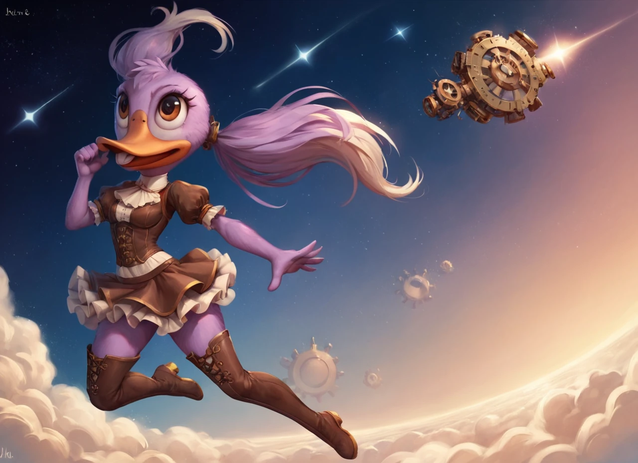 Steampunk, space-themed score_9,score_8_up,score_7_up,score_6_up,score_7_up,score_8_up,zPDXL3,<lora:AbbyMallord_Pony:0.9>,cinematic_angle,action pose,abbymallard,duck,brown eyes,buckteeth,solo,skirt,purple fur,thigh boots,twintails \(hairstyle\),detailed background,nature,standing,big head,full-length portrait,,anthro,furry . cosmic, celestial, stars, galaxies, nebulas, planets, science fiction, highly detailed, retrofuturistic science fantasy, steam-powered tech, vintage industry, gears, neo-victorian, steampunk