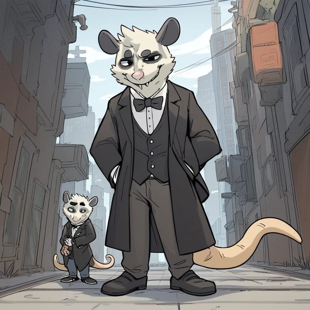 score_9, score_8_up, score_8, score_7, source_cartoon, source_furry, Solo, 1boy, anthro, male furry, young furry, Possum, American opossum, off white fur, Pink nose, black ears, fangs, hairless tail, black eyes, full body, looking at viewer, standing, standard tuxedo, dress shoes, smug expression, crooked smile, city setting,