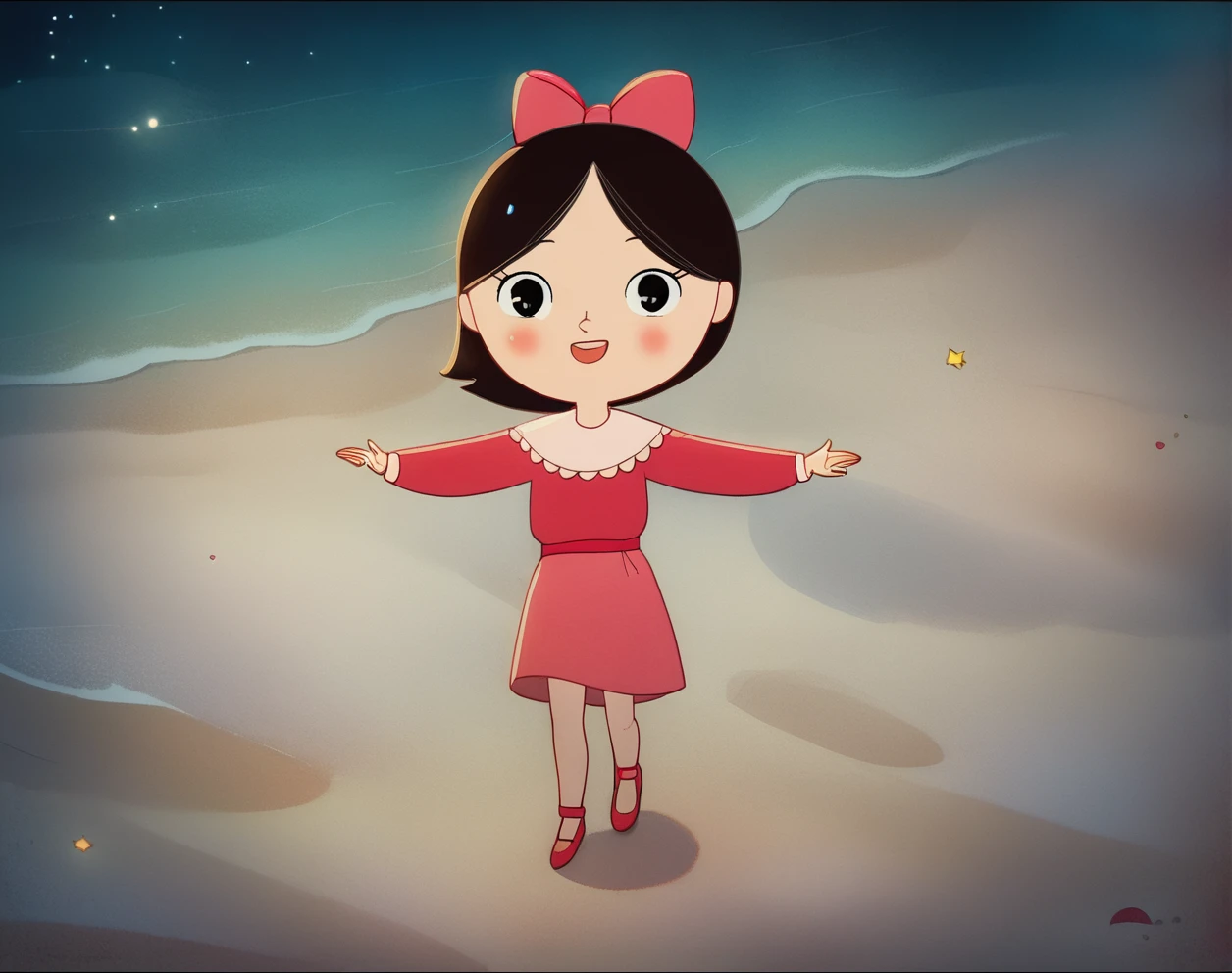 zPDXL3, source_cartoon, Perfect Hands, full body, 
1girl, solo, saoirse, black hair, black eyes, short hair,  blush, pink dress, long sleeves, hair bow, pink bow, red footwear, , night, beach, stars, dancing, looking at viewer, reaching at viewer, happy, magical, (detailed background:1.3), wide shot,
<lora:Perfect Hands:1><lora:Saoirse_-_The_Song_of_the_Sea:1>