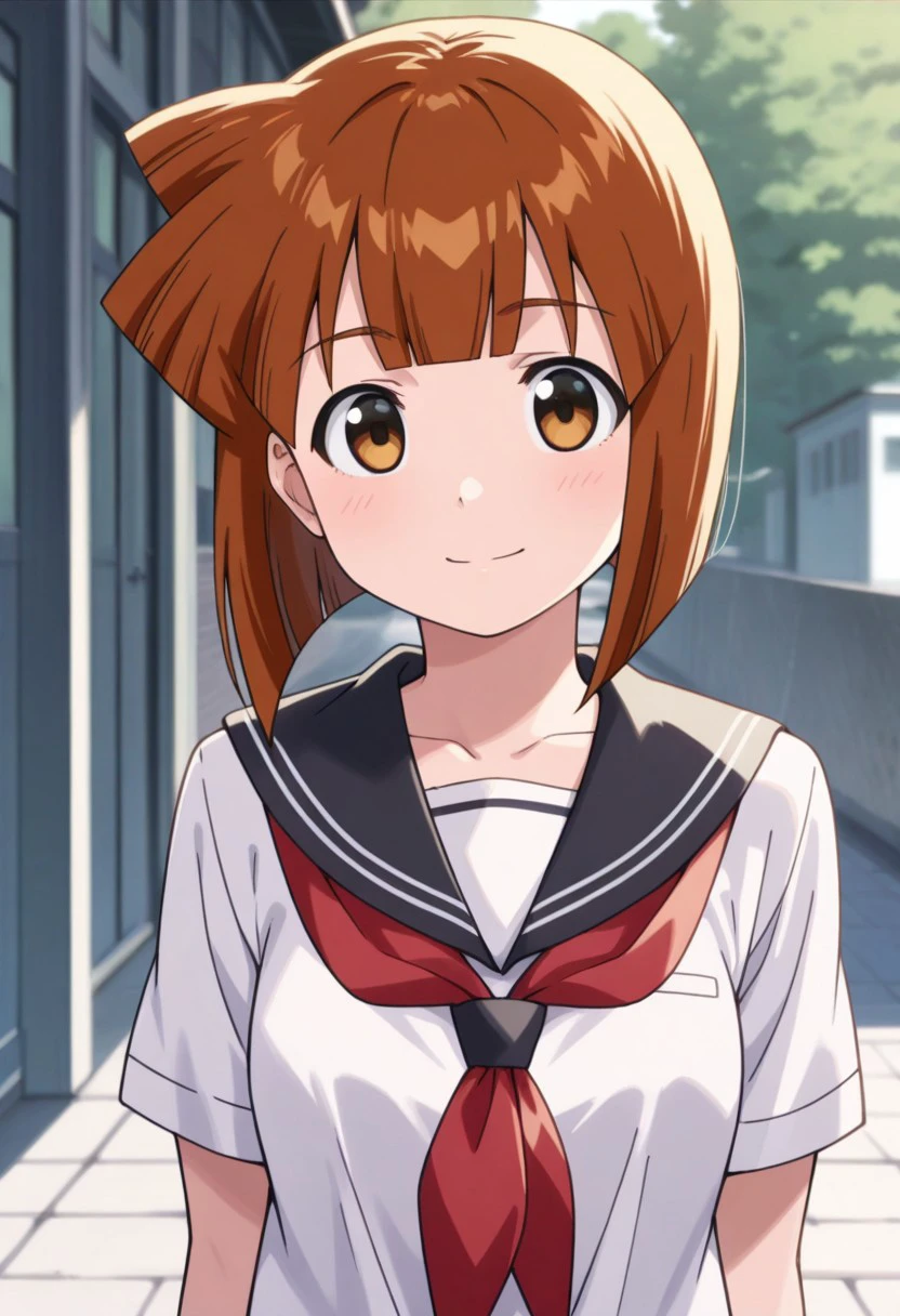 masterpiece, best quality, 
eiko, 1girl, solo, brown eyes, brown hair, short hair, bob cut, bangs, side ponytail,  school uniform, serafuku, sailor collar, shirt, white shirt, smile,
outdoor,