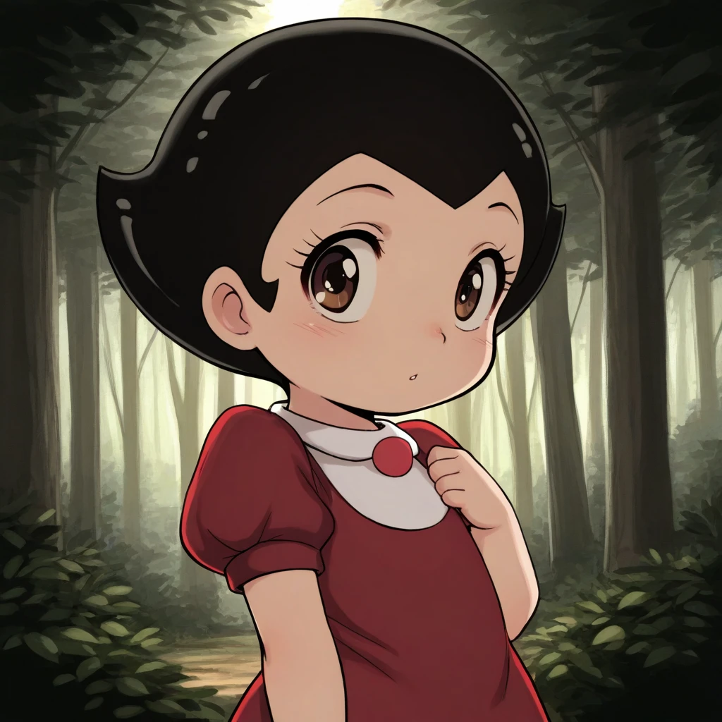 masterpiece, best quality, uran, 1girl, solo, black hair, short hair, brown eyes, red dress, short sleeves, upper body,  <lora:AstroBoy_Uran_illustrious_Leaf1:1>, outdoors,  forest,