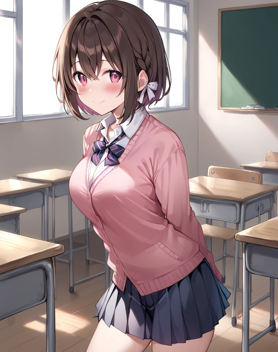 akane_hayasaka, brown hair, short hair, side braid, hair ribbon, medium breasts, school uniform, collared white shirt, pink cardigan, stipped ribbon, pleated skirt, black skirt  BREAK indoors, classroom BREAK arms behind back, smile, blush, looking at viewer, cowboy shot  BREAK score_9, score_8_up, score_7_up, source_anime ,zPDXL, <lora:Akane_Hayasaka:0.8>