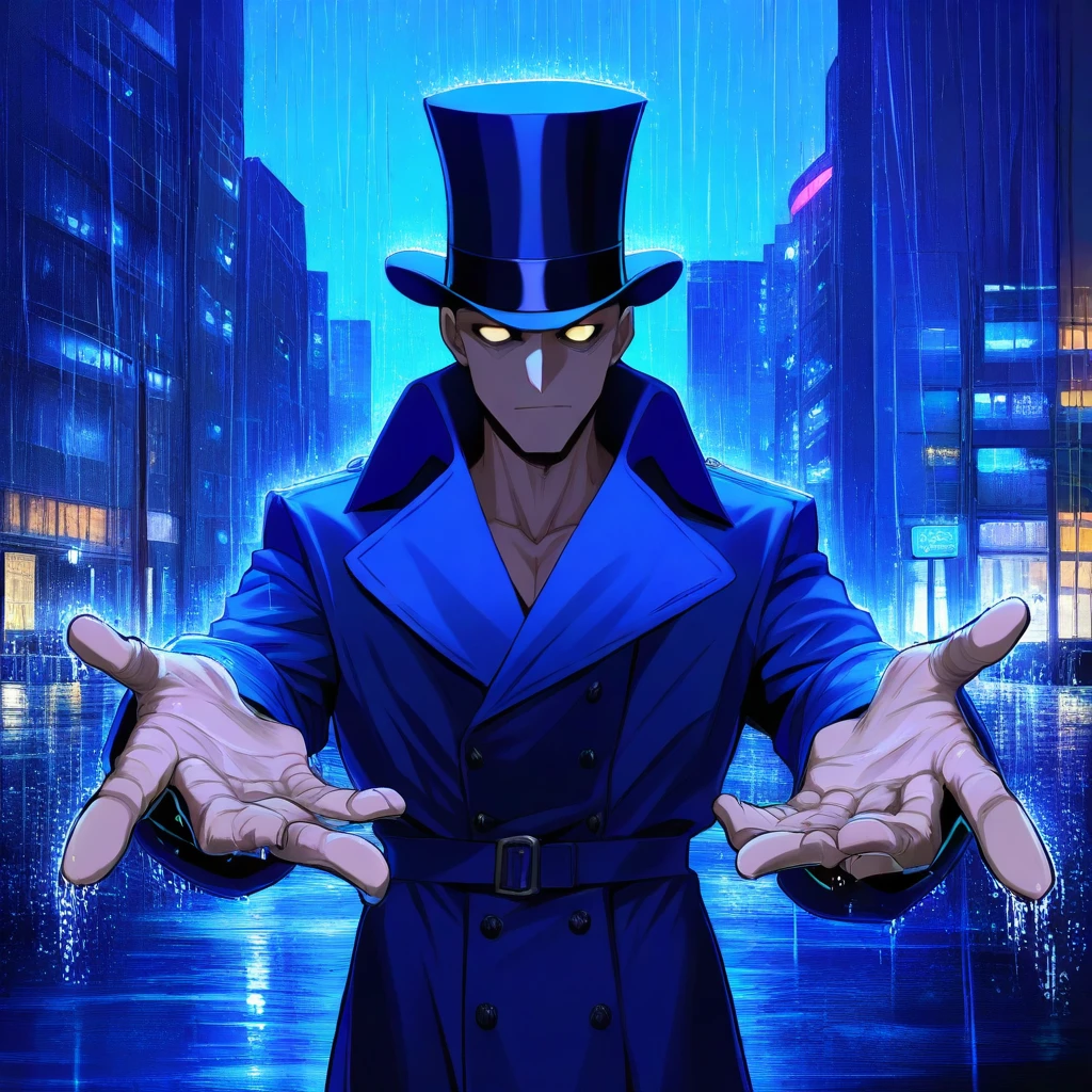 sfw, masterpiece, best quality,absurderes, <lora:HyperIllustrious:1>, cartoon,2d,1boy,solo,upper body,trench coat,top hat,hyper hands,rain,city,street,night