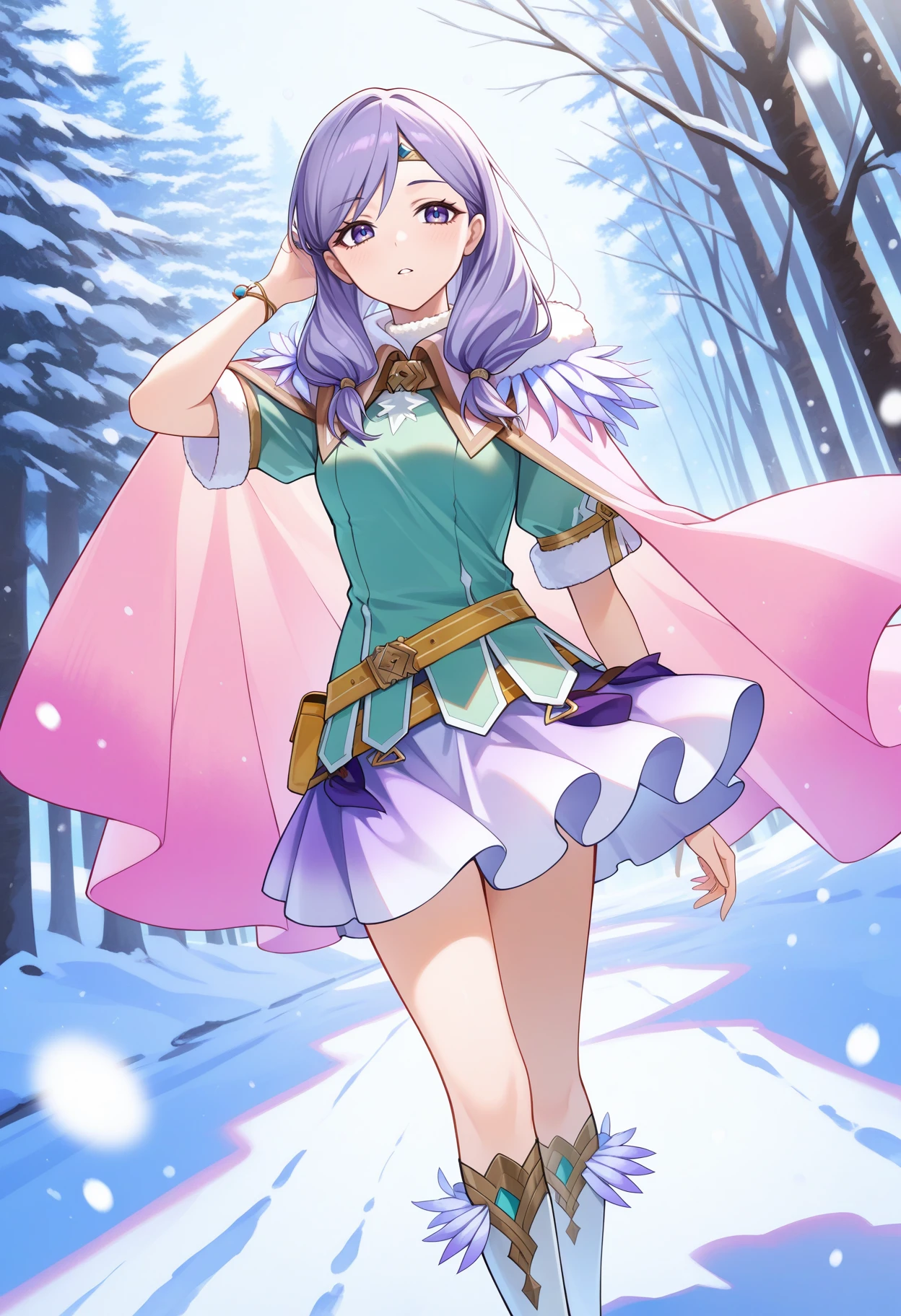 1girl, lavender hair, <lora:IlyanaIL:1> ilyanaResp.
an illustration of a girl walking on the snow. she is outdoors and it's snowing. she is adjusting her hair. there is a bit of snow on her clothes.
lavender hair, lavender eyes, bangs, gold circlet, white skirt, green dress, fur trim, jewelry, short sleeves, pink cape, feather trim, yellow belt, bracelet, layered skirt, gradient clothes, white footwear, knee boots, parted lips,
walking, adjusting hair, snow,
masterpiece, perfect quality, best quality, absolutely eye-catching