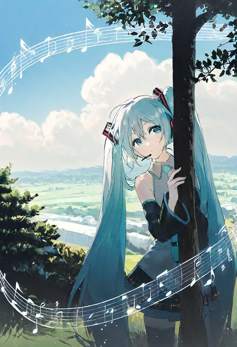 rella, vocaloid, hatsune miku, 1girl, armpit crease, backlighting, bare shoulders, beamed eighth notes, black skirt, blue eyes, blue hair, blue sky, branch, building, closed mouth, cloud, cloudy sky, collared shirt, day, detached sleeves, dot nose, eyelashes, facing viewer, field, glitter, grass, grey shirt, hair between eyes, hand rest, happy, head tilt, headset, house, leaf, leaning to the side, light particles, long hair, looking afar, looking to the side, musical note, muted color, nature, outdoors, peeking out, pleated skirt, quarter note, realistic, round image, shirt, skirt, sky, sleeveless, sleeveless shirt, smile, solo, staff \(music\), tree, twintails, very long hair