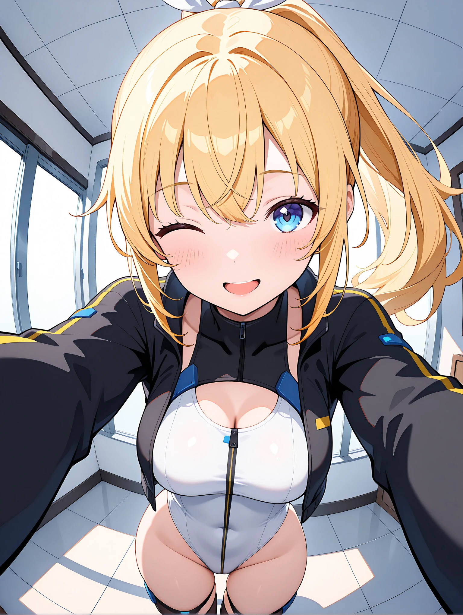 masterpiece,best quality,amazing quality,
solo,1girl,
<lora:saeki_ritsuka_ilxl_v1:0.8>,s_ritsuka,blonde hair,ponytail,blue eyes,
<lora:Fixhands_anime_bdsqlsz_V1:1>,dynamic_angle,looking_at_viewer,standing,light_blush,face_focus,simple_background,white_background,parted lips,fisheye,looking_up,Twisting the body,<lora:AGA_CompAF_Pony_b4:1>,compAF,white leotard,cropped jacket,black jacket,black thighhighs,cinematic_angle,front view,;d,reaching,, masterpiece,best quality, very aesthetic, absurdres, ultra detailed, high resolution, 4k, extremely detailed CG,