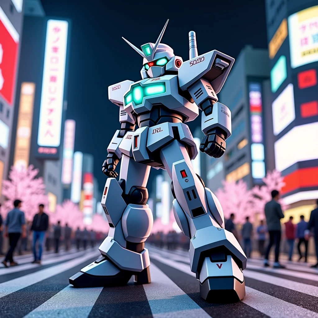 A Koban police mech patrolling Shibuya crossing: neon signs and massive video screens illuminate its sleek armor. The crowded intersection reflects off its pristine white plating, while holographic Japanese characters project police warnings. Cherry blossoms occasionally drift past its sensors