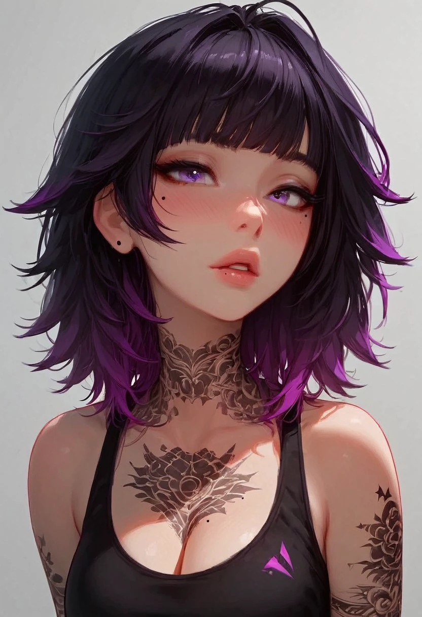 (score_9, score_8_up, score_7_up), <lora:wolf_cut:1.5>, a close-up shot focusing on a girl collarbone and up, (((portrait shot, face focus))), solo, 1girl, wolfCut, (bangs), (two-toned hair), black and purple hair,  small perky breasts, cleavage, pretty face, blush, purple eyes, ((mole under left eye)), (modern tattoos),((tattoo on chest)),pale skin, makeup, sports bra, vivid colours, Expressiveh, (white background)