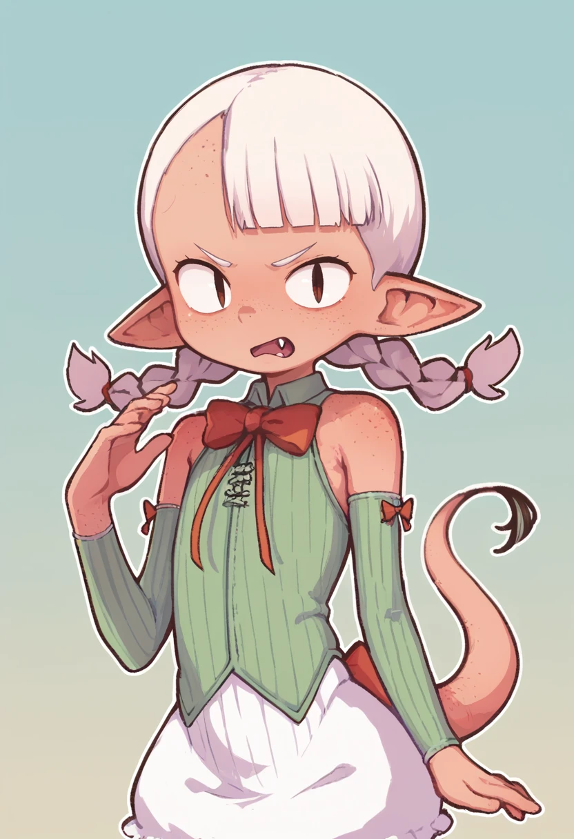 score_9, score_8_up, score_7_up, , <lora:add-detail-xl:3>,
BREAK
<lora:orenji-gob-rico:0.8>, orenji, chocogob, colored skin, brown eyes, white hair, twin braids, pointy ears, freckles, tail, fang, green outfit, , detached sleeves, bow,
BREAK
solo, portrait, (upper body),